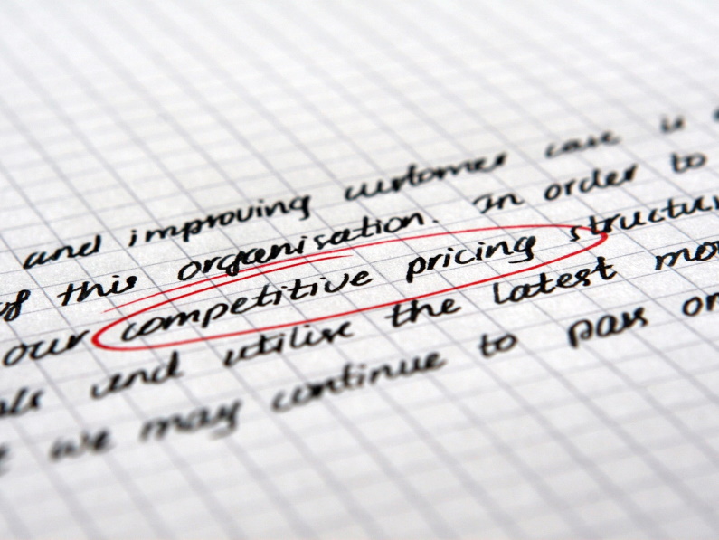 written paper that says competitive pricing